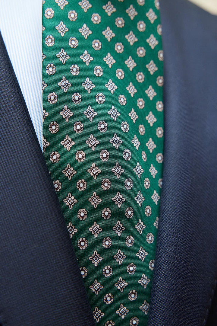 Napoli Silk Tie Green Geometric Flowers White Bone