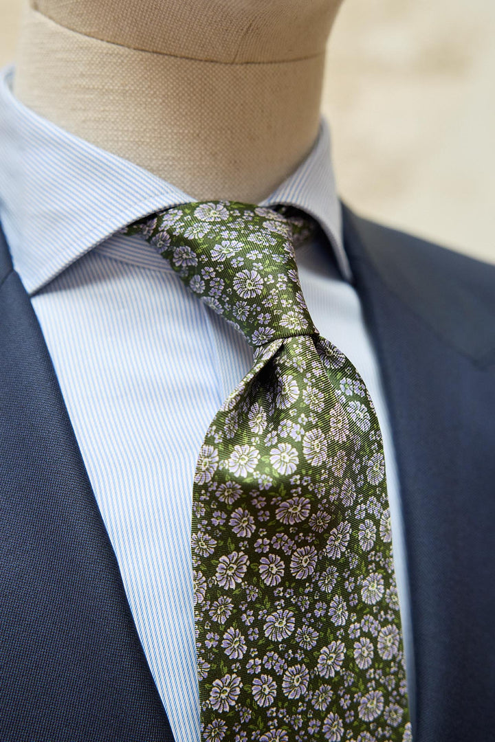 Napoli Silk Tie Basil Green Flowers Off-White and Light Blue