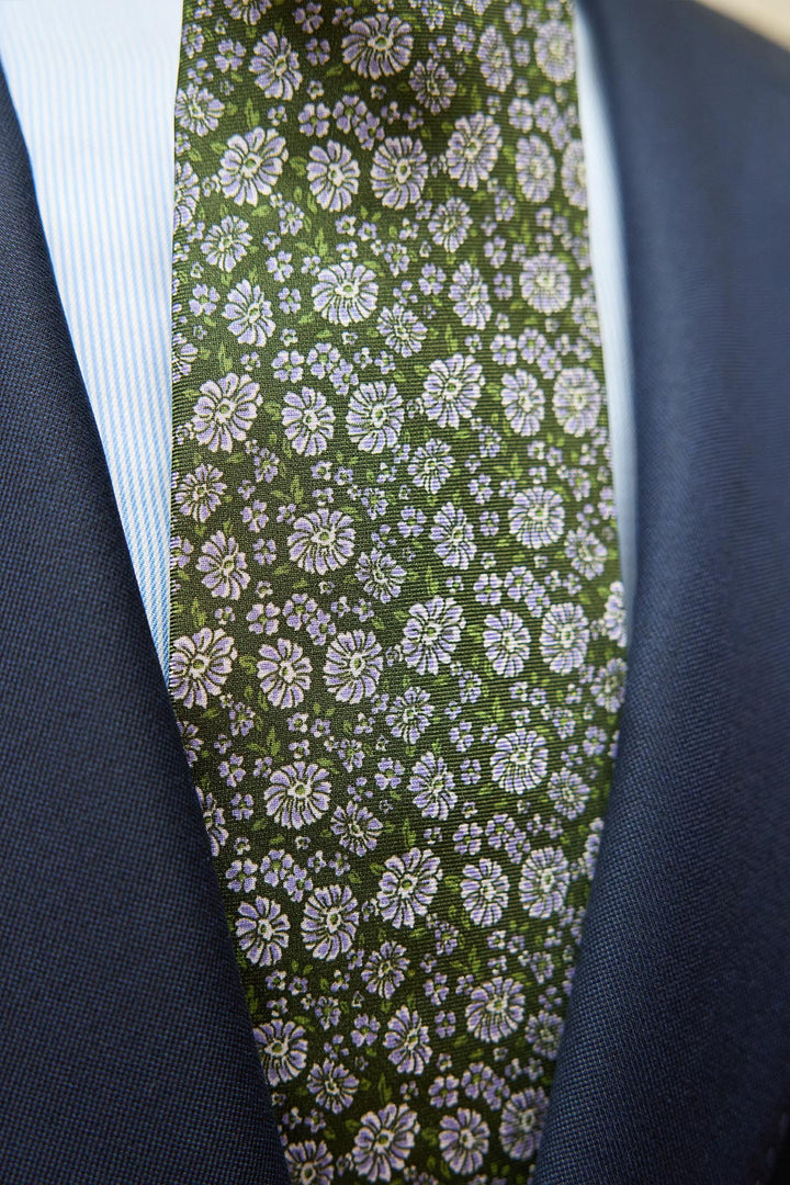 Napoli Silk Tie Basil Green Flowers Off-White and Light Blue