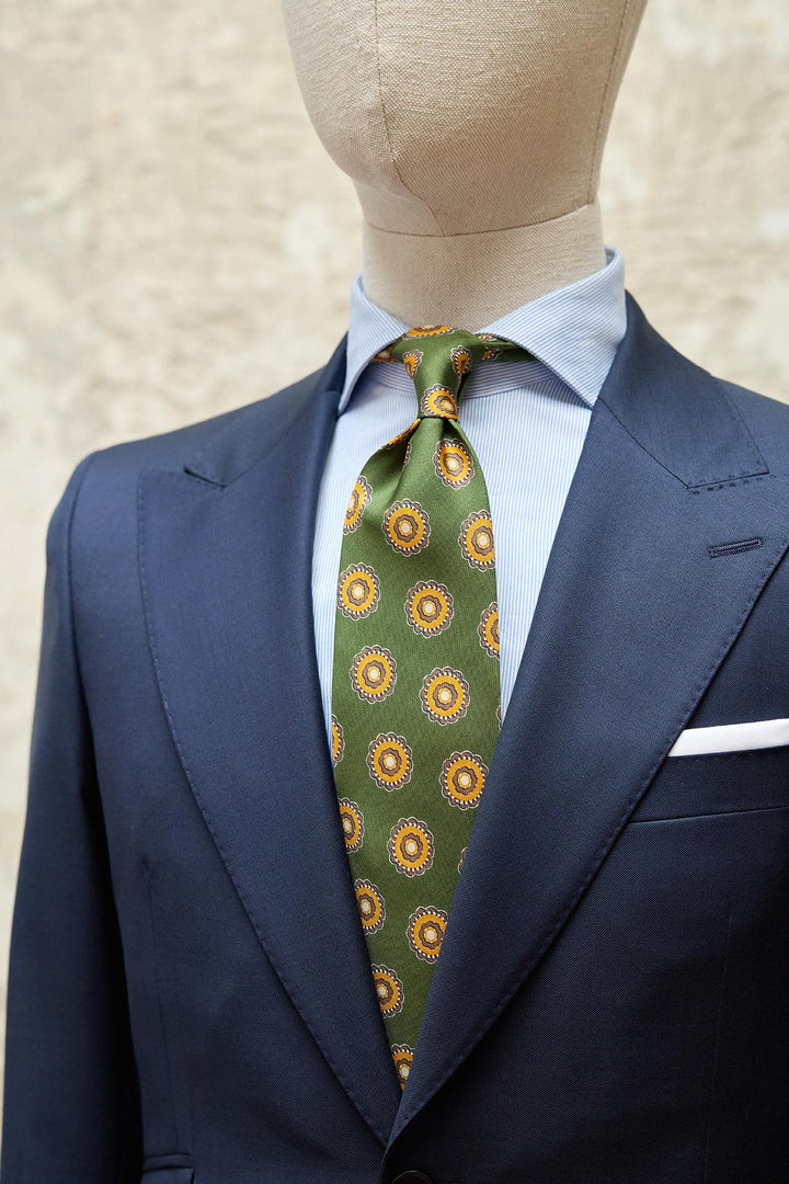 Napoli Green Silk Tie Concentric Rosette Brown and Yellow