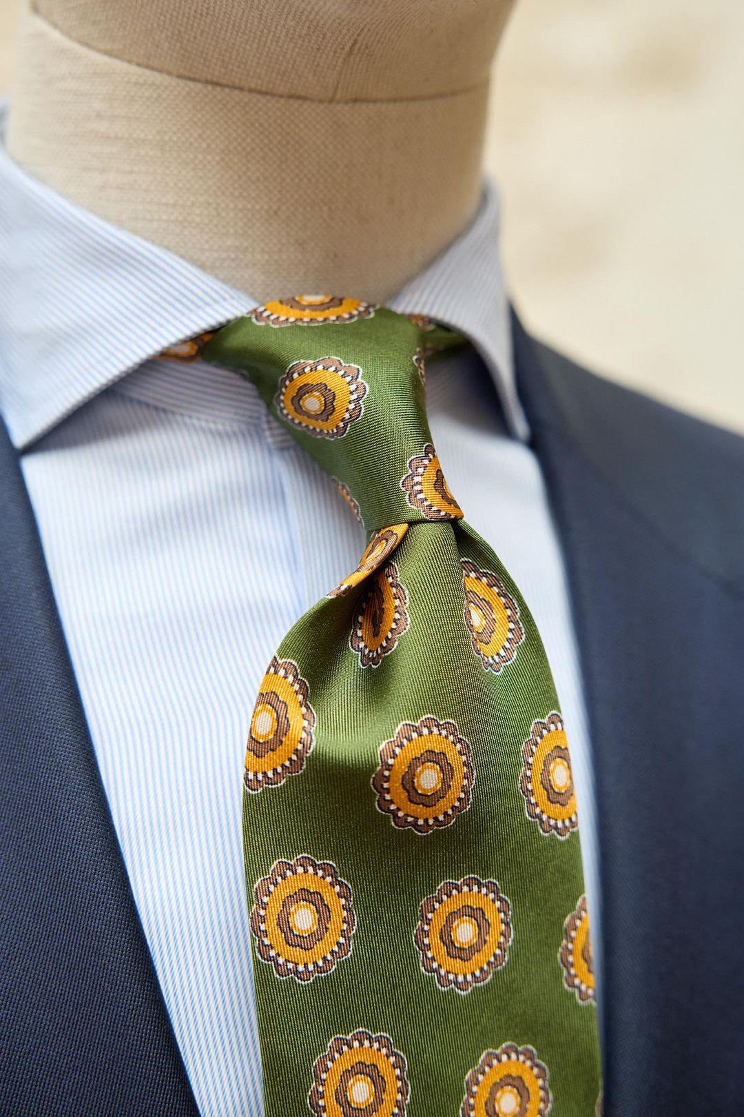 Napoli Green Silk Tie Concentric Rosette Brown and Yellow