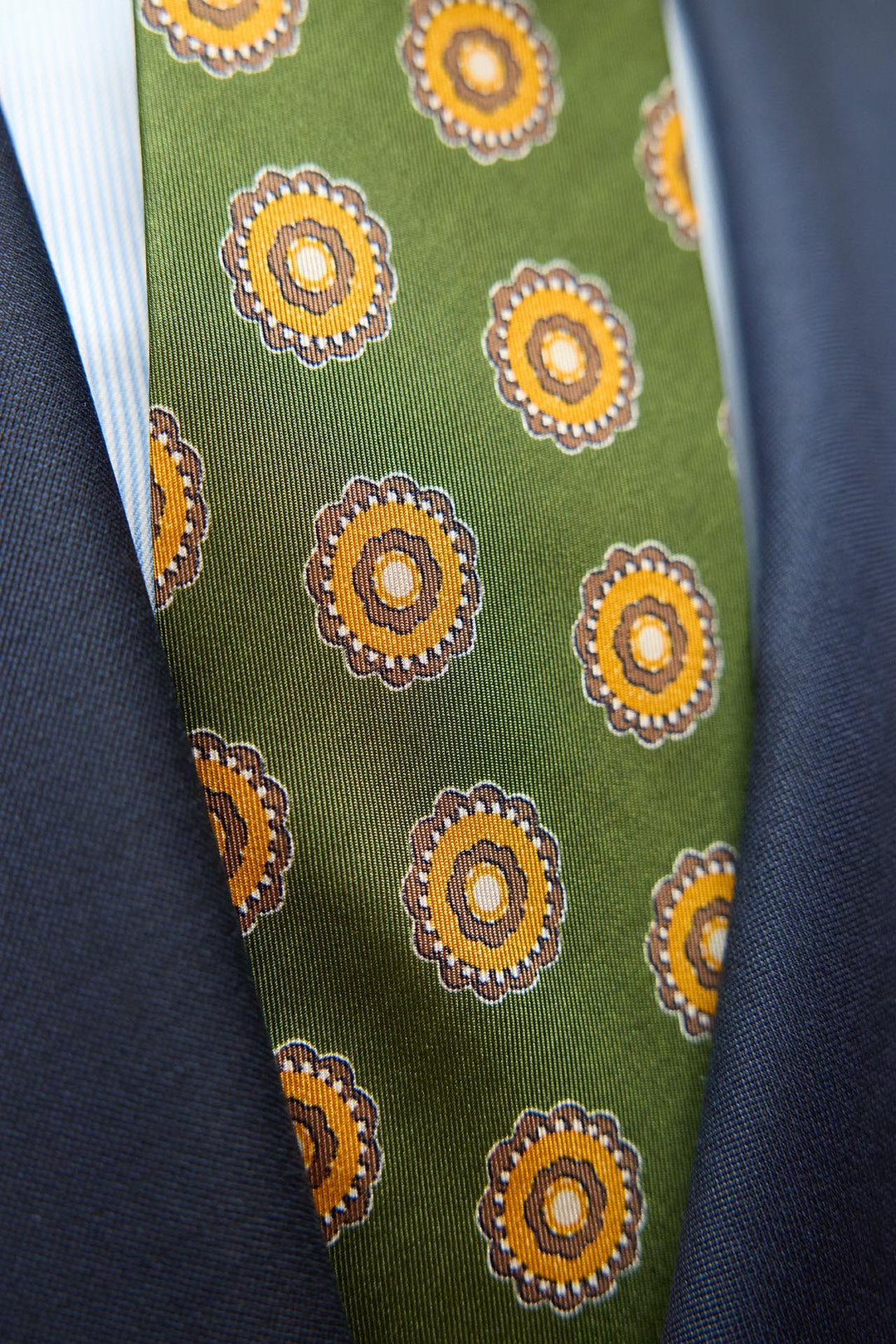 Napoli Green Silk Tie Concentric Rosette Brown and Yellow