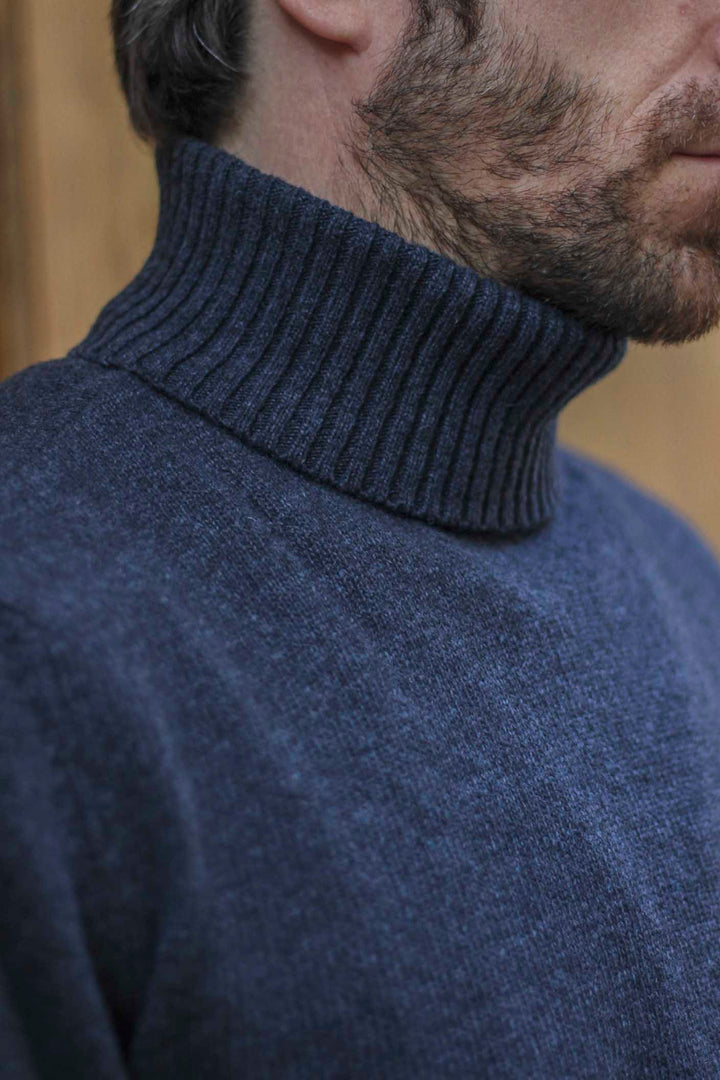 Blue Distressed Lambswool Turtleneck Sweater