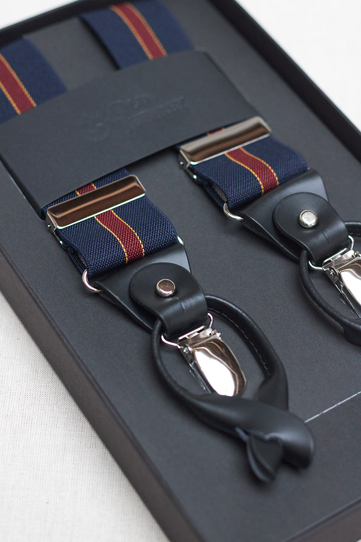 Blue Suspenders with Burgundy Vertical Stripe Outlined in Yellow