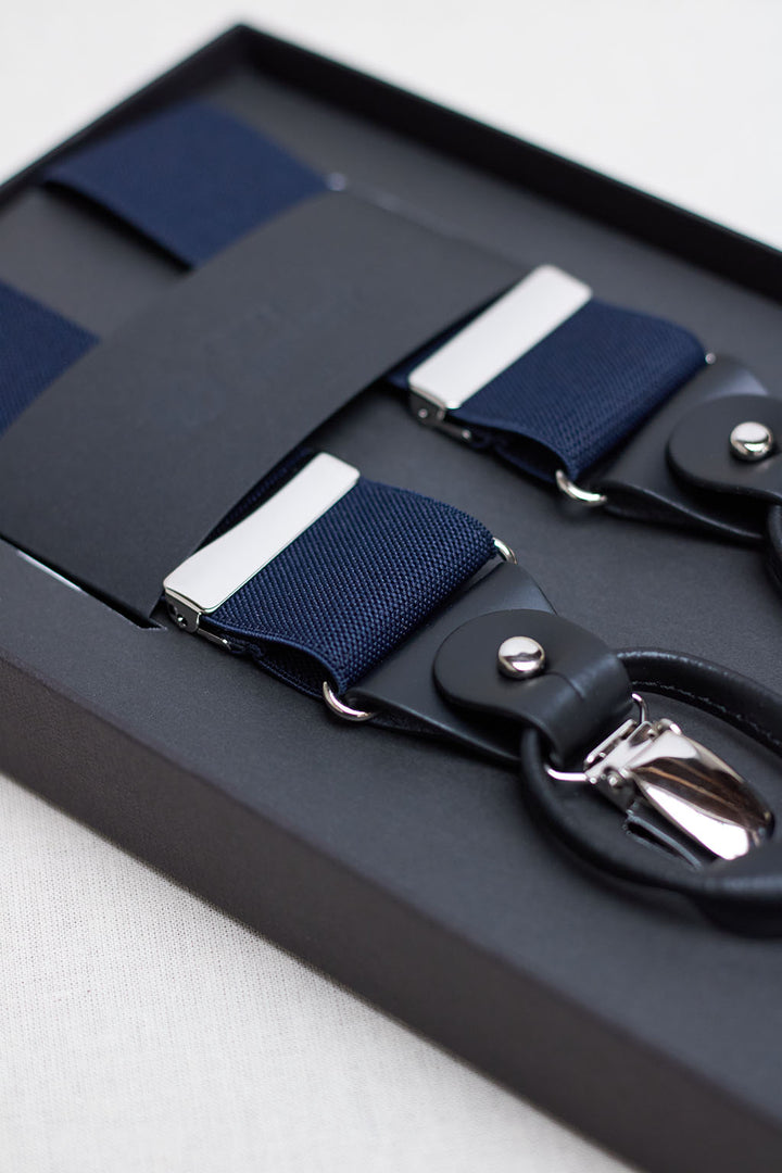 Plain Navy Blue Suspender with Black Leather Handles