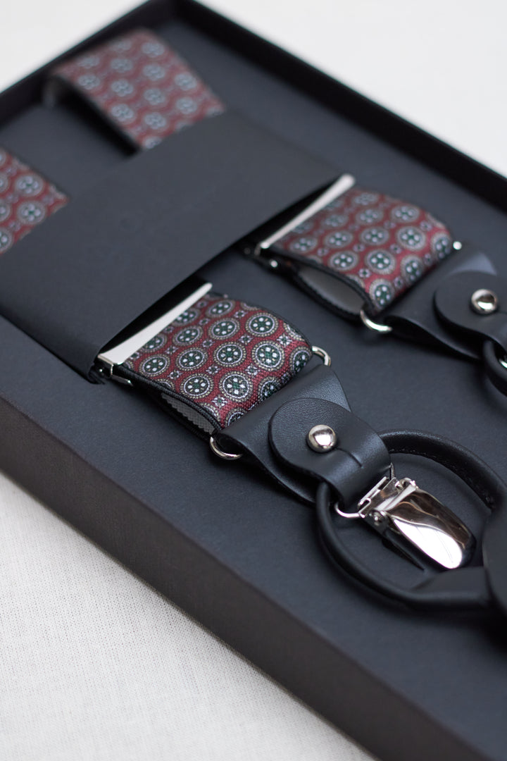 Burgundy Suspender with Green and White Circular Geometry and Black Leather Handles