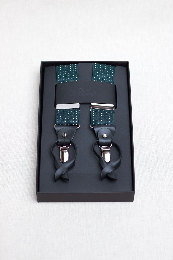 Bottle Green Suspenders with White Micro Dots and Black Leather Straps