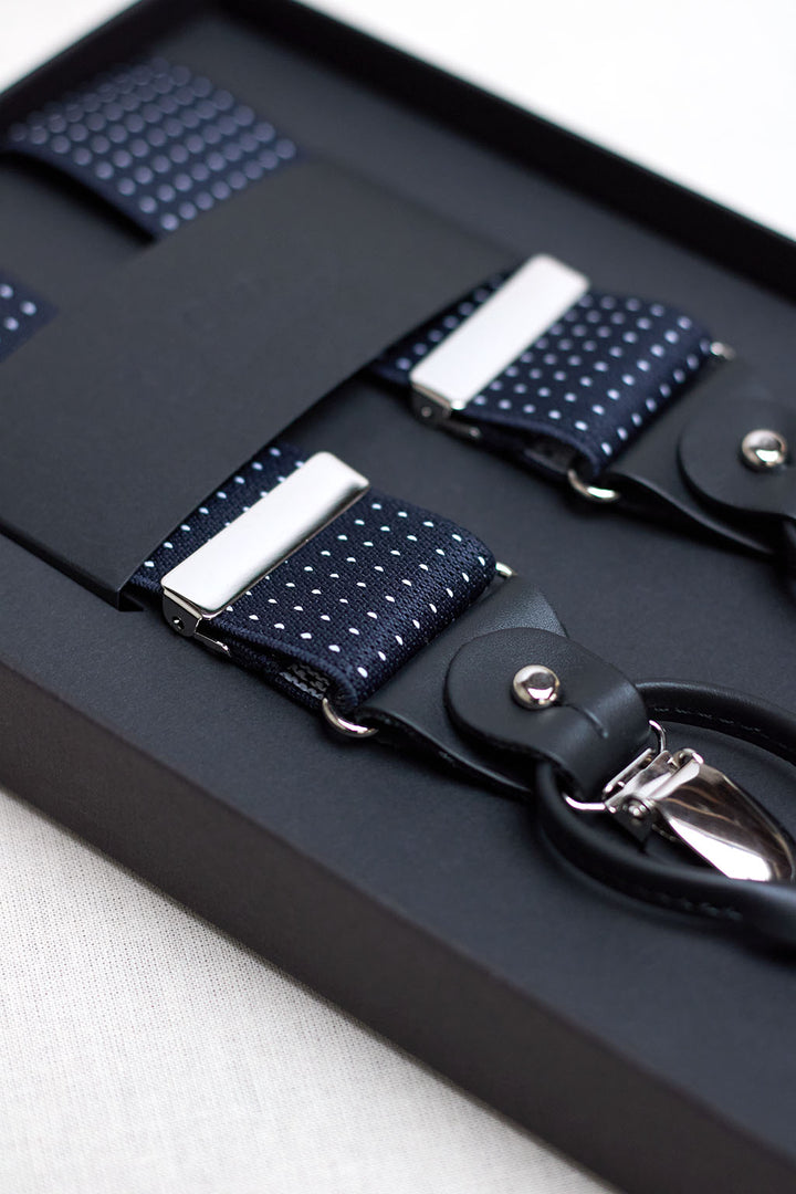 Navy Blue Suspender with White Micro Dots and Black Leather Handles