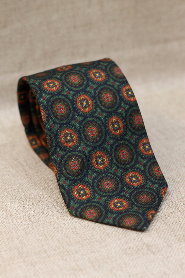 Napoli WOOL Tie Green Bottle Medallions XL Burgundy Yellow and Navy