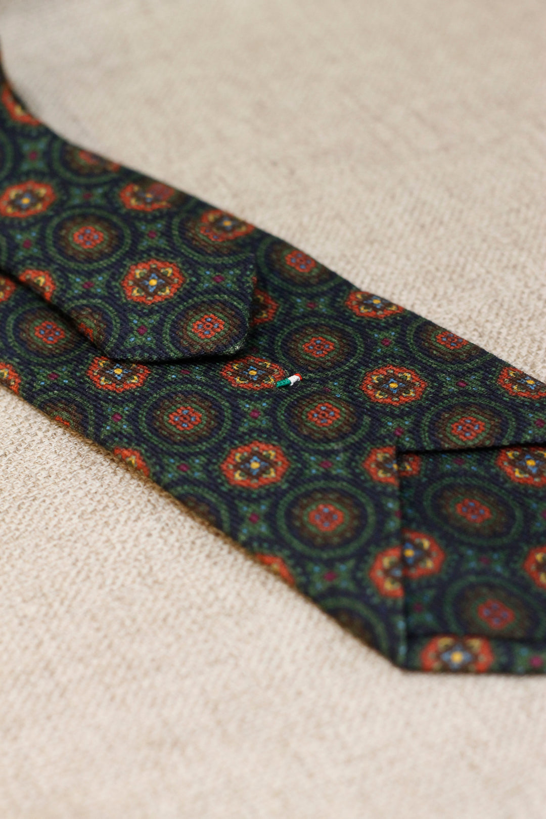 Napoli WOOL Tie Green Bottle Medallions XL Burgundy Yellow and Navy