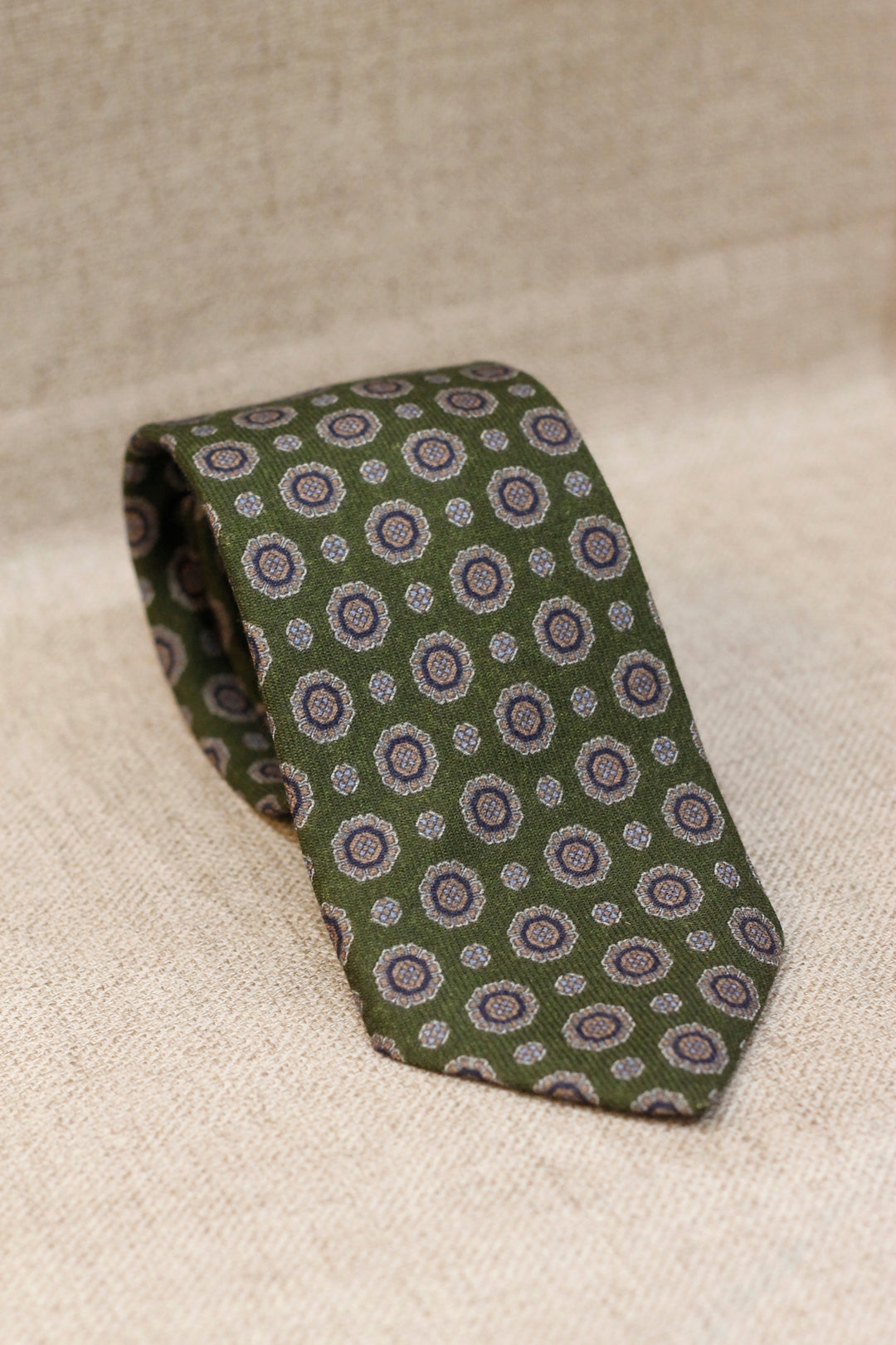 Napoli WOOL Tie Olive Green Octagonal Medallion Blue Tones and Sawdust