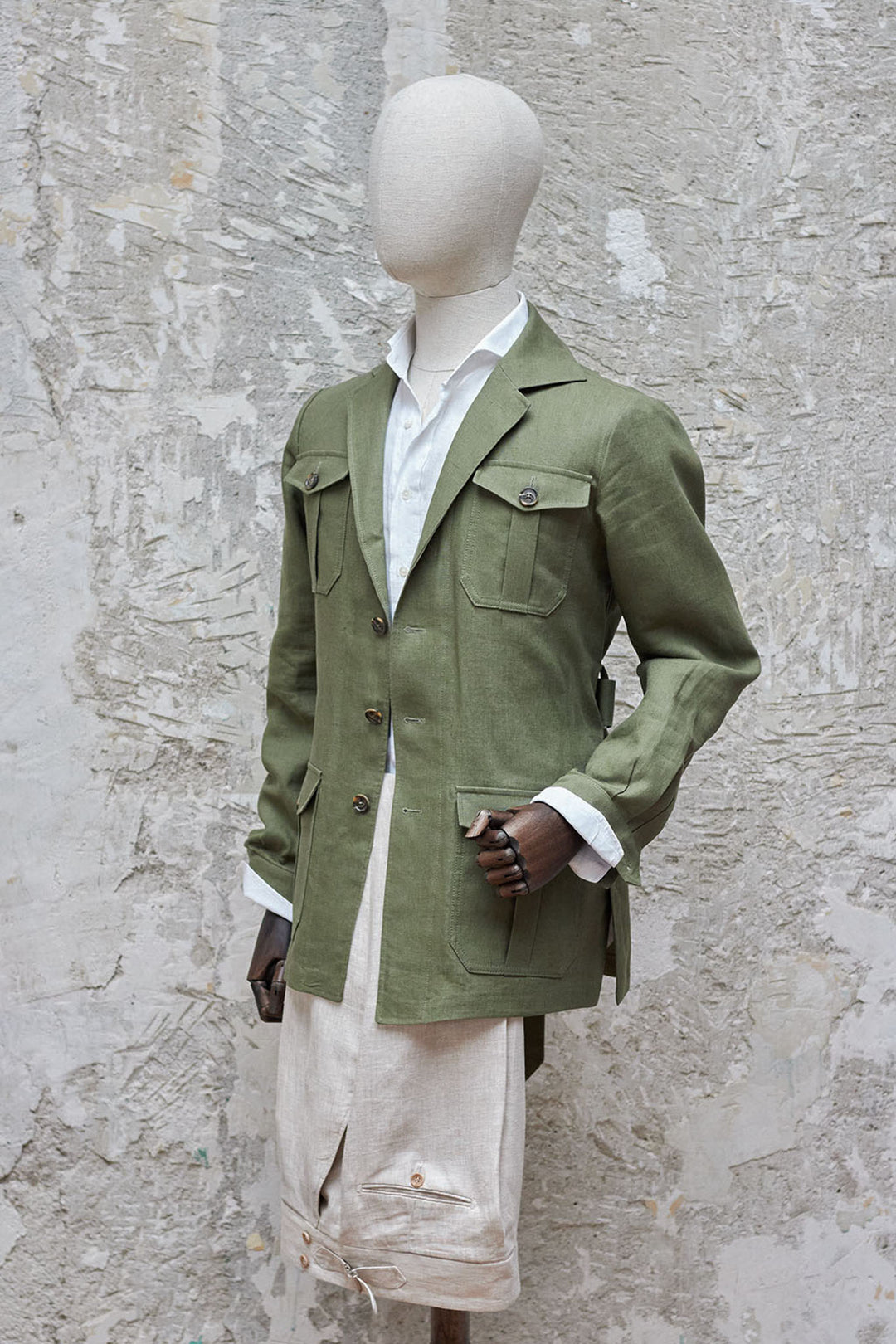 Old Jeffrey Sahariana a Medida Lino Verde Oliva Medio Drapers Italy