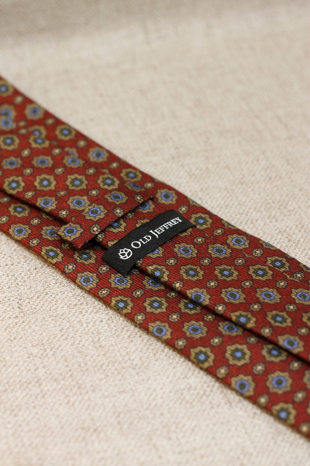 Napoli WOOL Tie Rust Red Starry Geometry Olive, Ocher and Light Blue