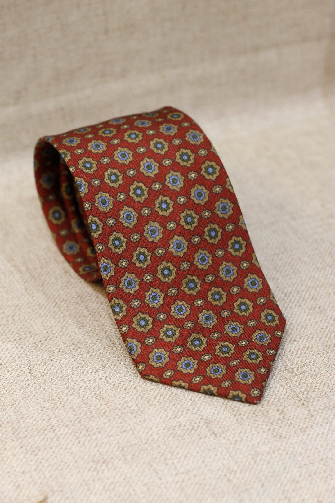 Napoli WOOL Tie Rust Red Starry Geometry Olive, Ocher and Light Blue