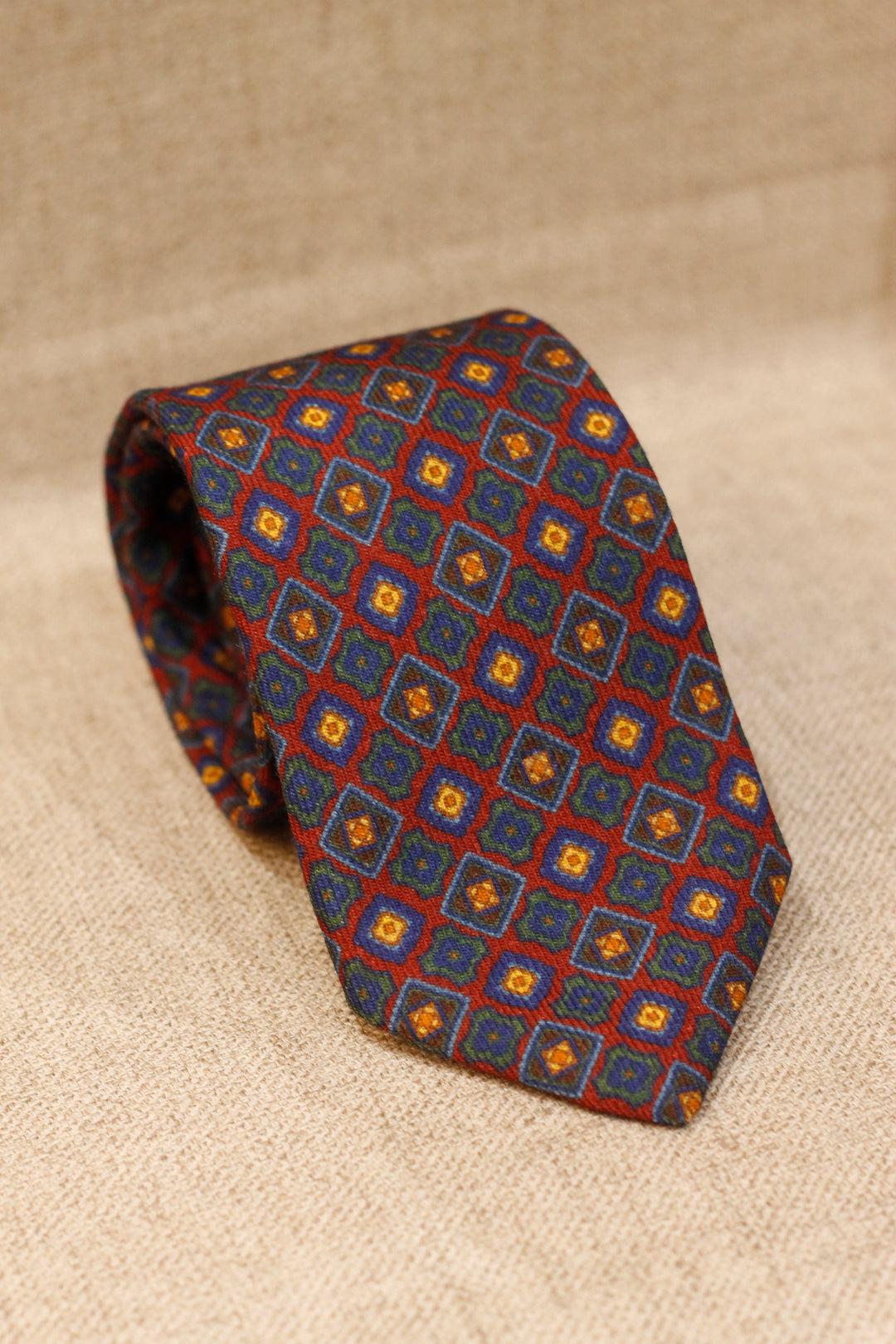 Napoli WOOL Tie Ruby Background Mixed Geometry Green and Blue
