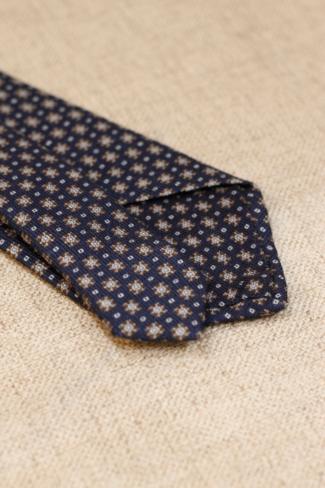 Napoli WOOL Tie Navy Blue Circular Geometry White and Mocca Brown