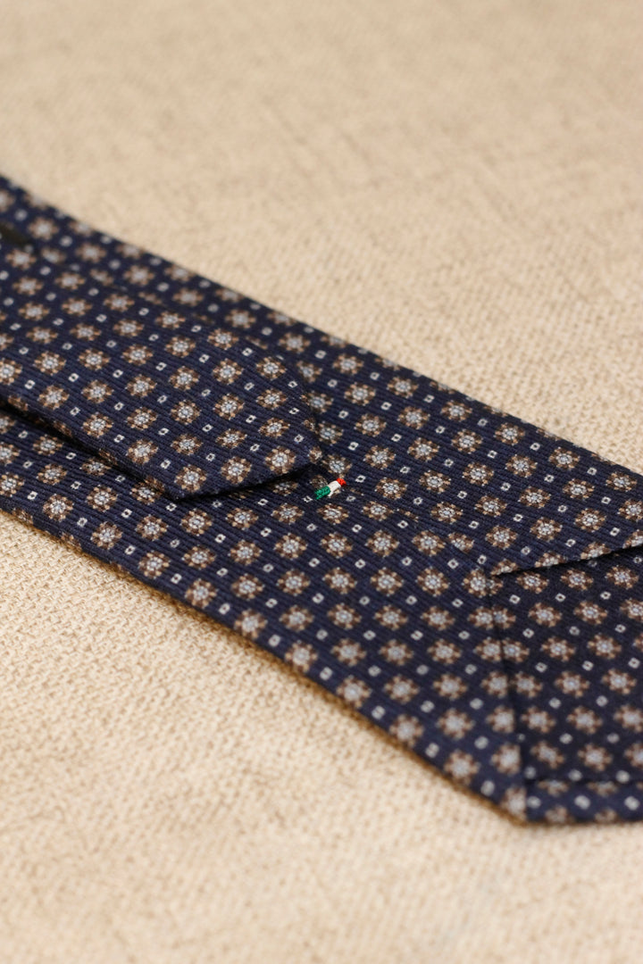 Napoli WOOL Tie Navy Blue Circular Geometry White and Mocca Brown