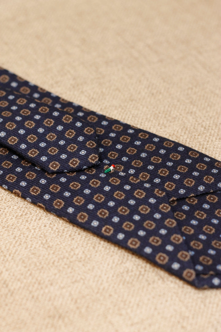 Napoli WOOL Tie Navy Blue Brown Squares Light Blue Daisies