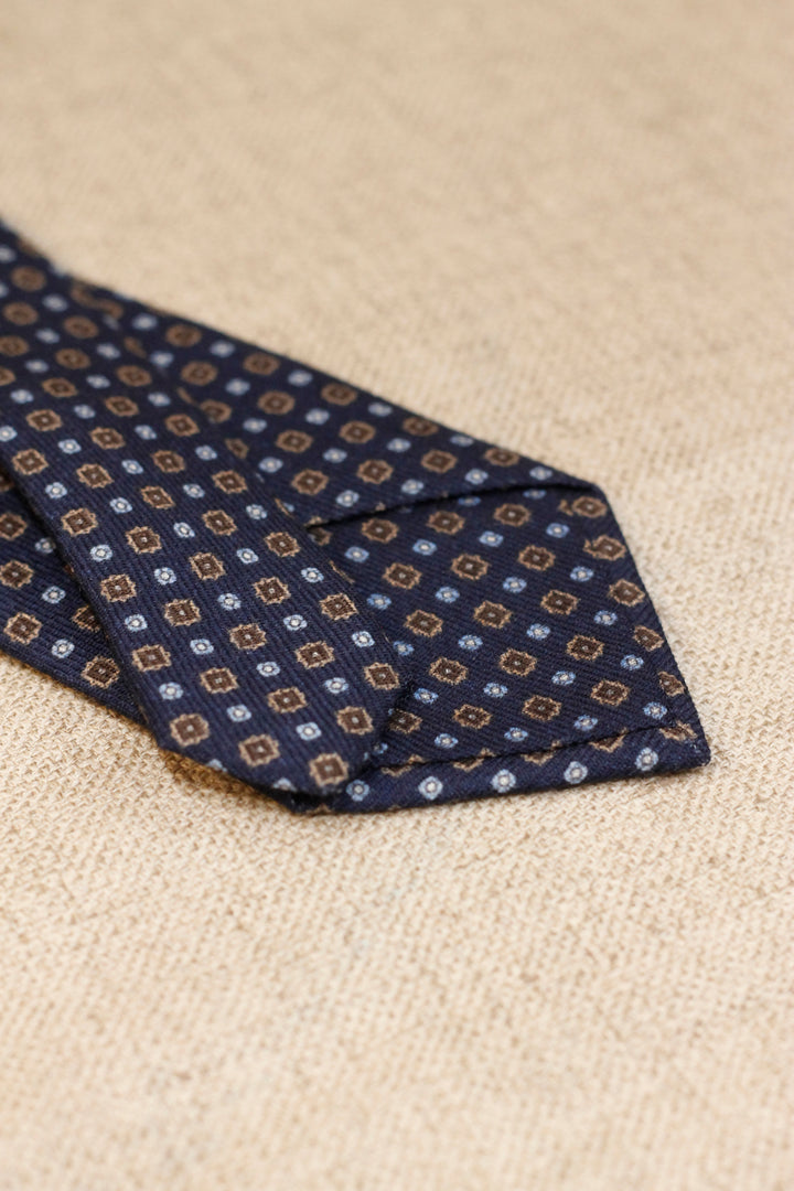 Napoli WOOL Tie Navy Blue Brown Squares Light Blue Daisies