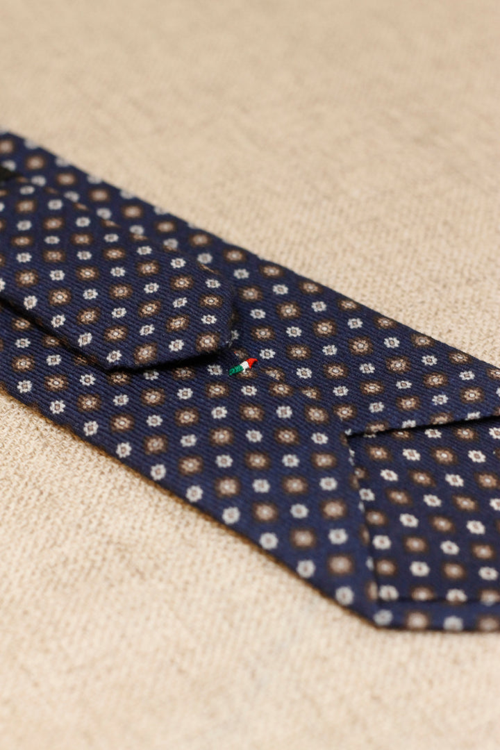 Napoli WOOL Navy Blue Tie with White and Brown Daisies
