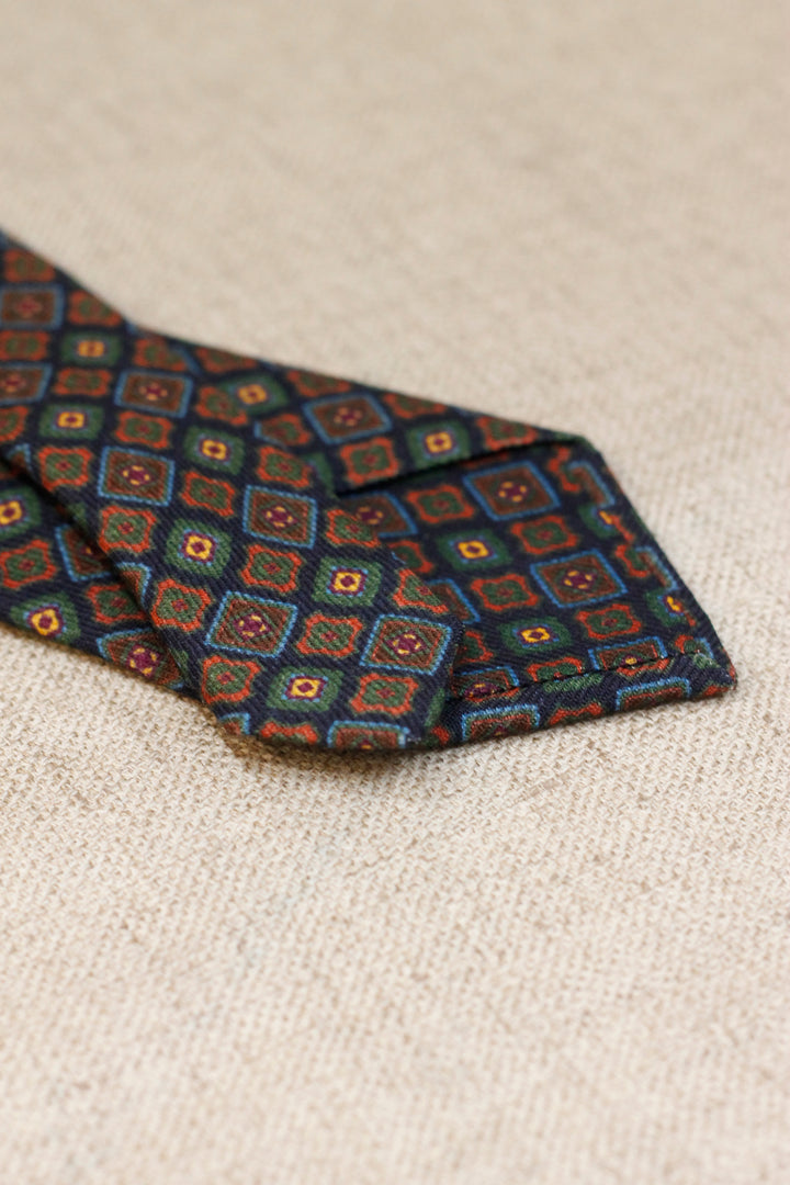 Napoli WOOL Tie Navy Background Mixed Geometry Green and Tile