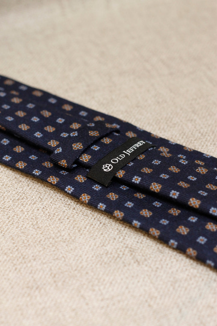 Napoli WOOL Tie Navy Blue Daisies and Light Blue Shields
