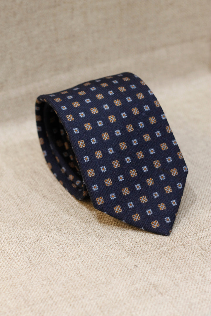 Napoli WOOL Tie Navy Blue Daisies and Light Blue Shields
