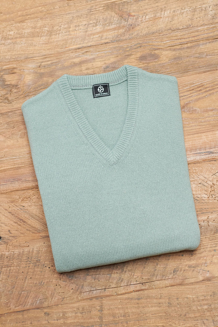 Water Green Lambswool V-Neck Sweater 