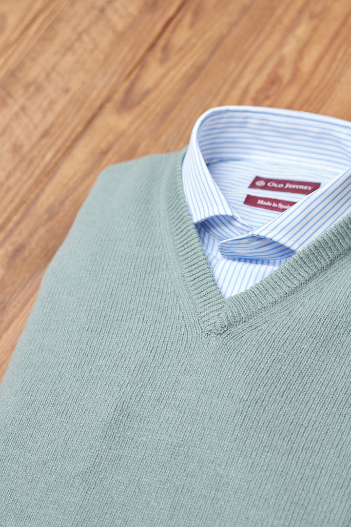 Water Green Lambswool V-Neck Sweater 