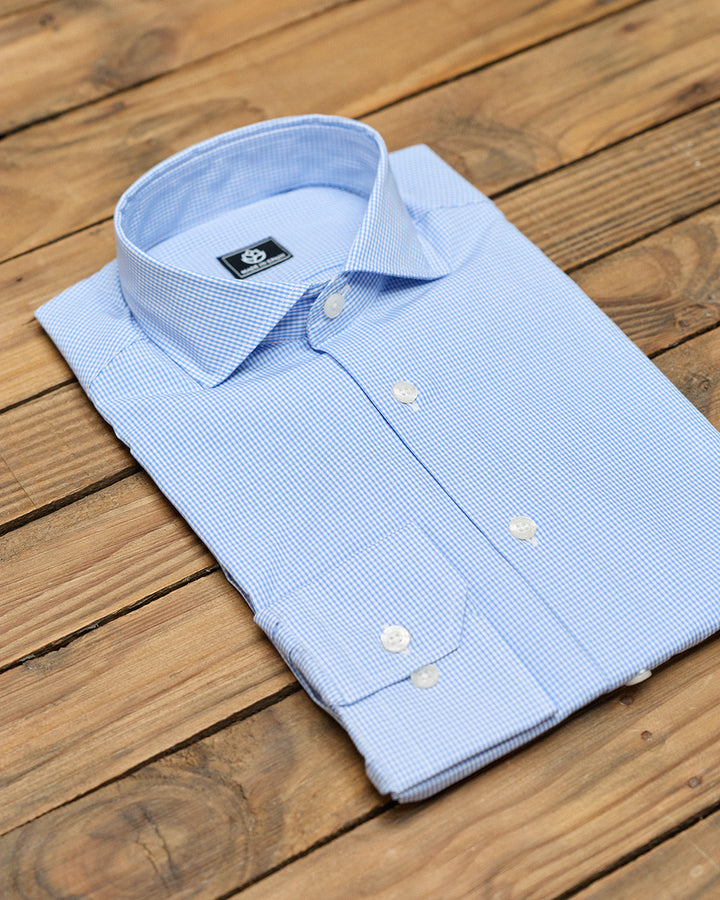 Camisa social azul claro com estampa xadrez Vichy Micro sem abotoaduras