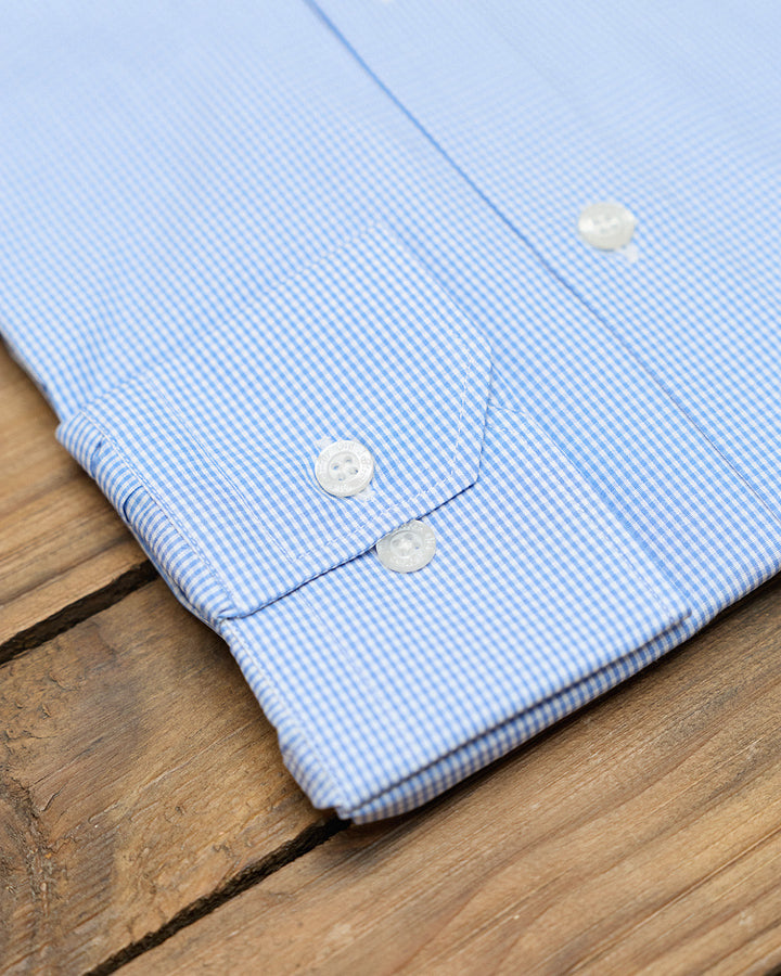 Camisa social azul claro com estampa xadrez Vichy Micro sem abotoaduras