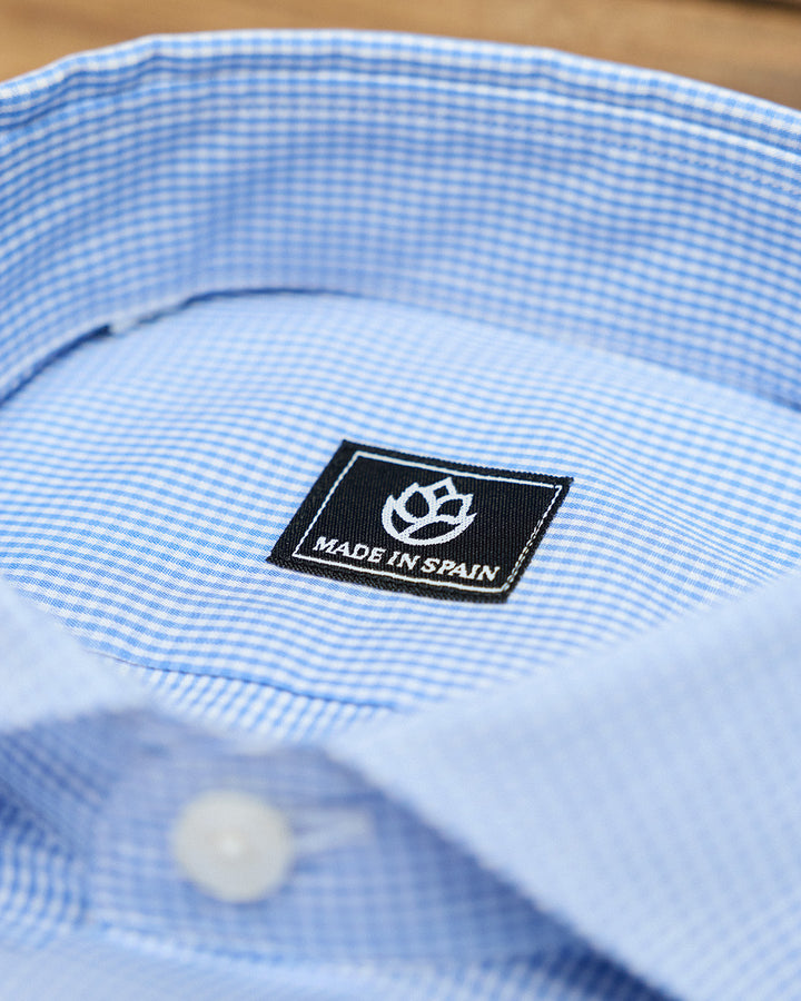 Camisa social azul claro com estampa xadrez Vichy Micro sem abotoaduras