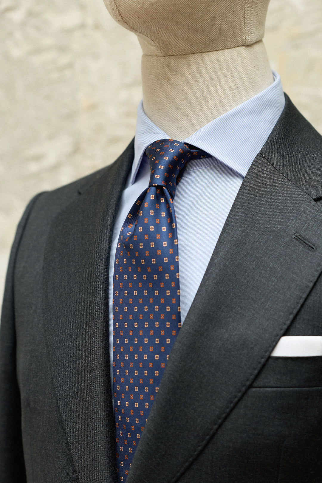 Corbata Napoli Seda Azul Marino Geometria Cuadrada Teja