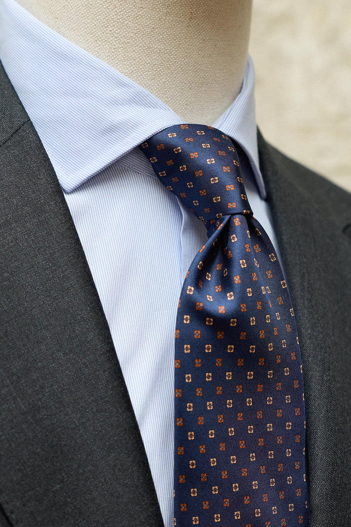 Corbata Napoli Seda Azul Marino Geometria Cuadrada Teja