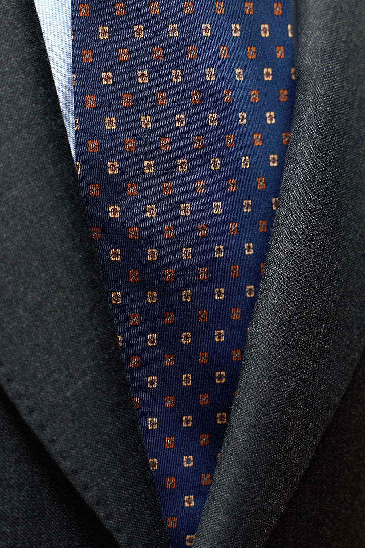 Corbata Napoli Seda Azul Marino Geometria Cuadrada Teja