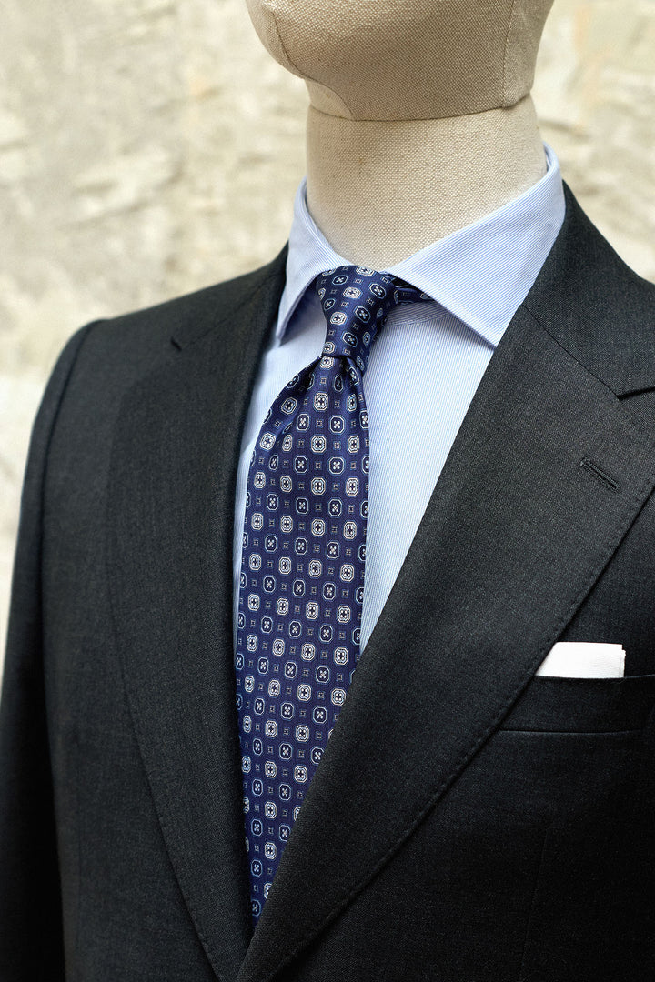 Gravata Napoli Azul Marinho Seda Geometria Octogonal Ocre