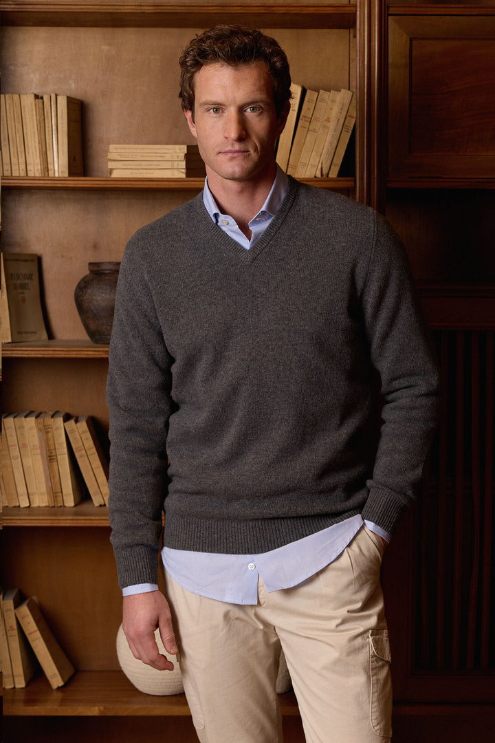 Charcoal Gray Lambswool V-Neck Sweater 