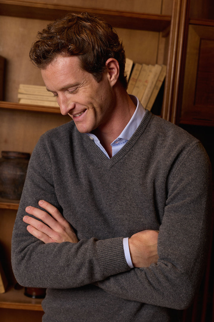 Charcoal Gray Lambswool V-Neck Sweater 