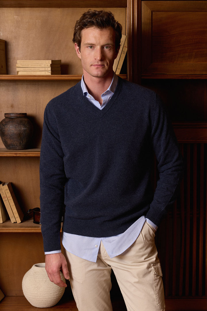 Jersey Cuello Pico Lana Virgen Extrafina Azul Marino