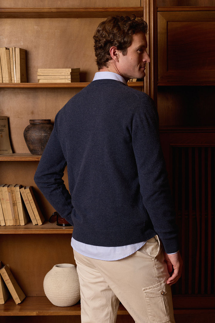 Jersey Cuello Pico Lana Virgen Extrafina Azul Marino