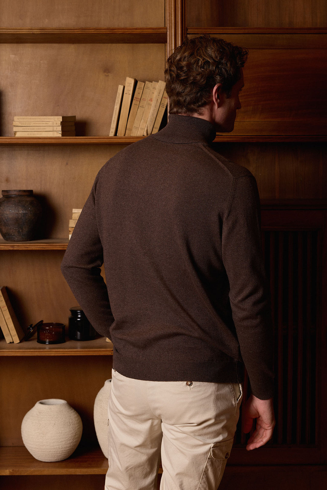 Fine Mahogany Brown Cotton Turtleneck Sweater