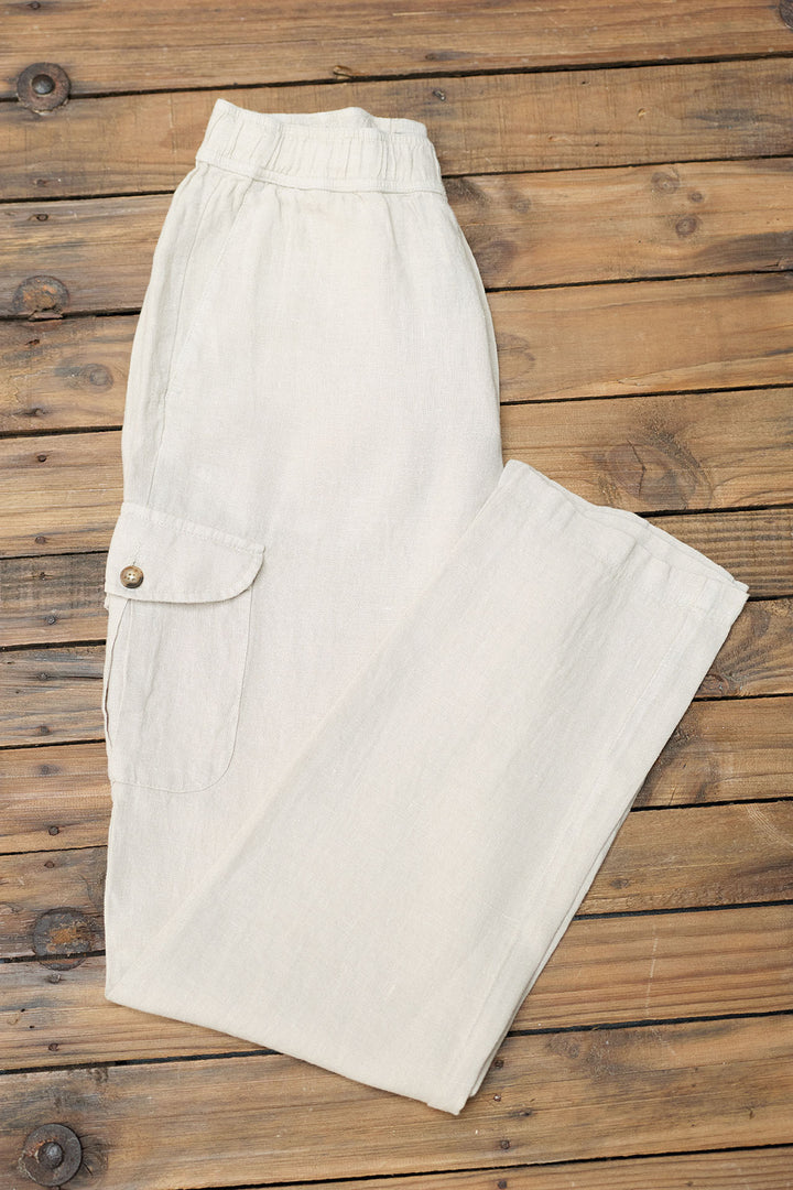 Calça cargo de linho com cordão na cintura em branco-sujo