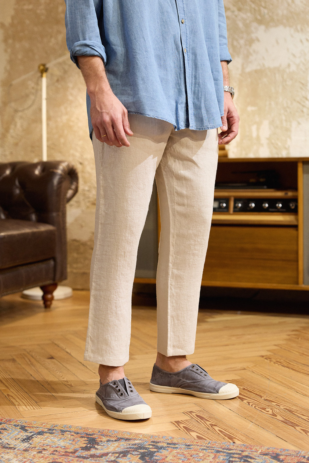 Linen Pants with Drawstring Waist in Off-White