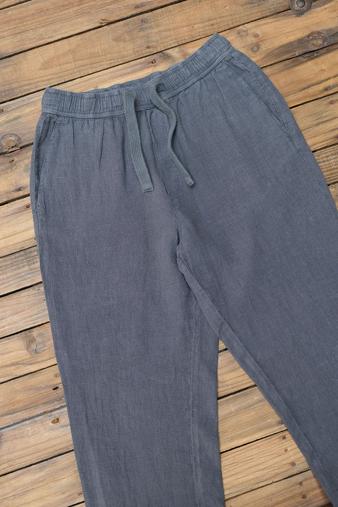 Linen Pants with Drawstring Waist in Navy Blue 