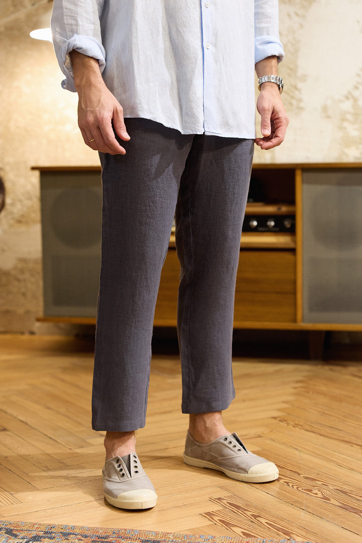 Linen Pants with Drawstring Waist in Navy Blue 