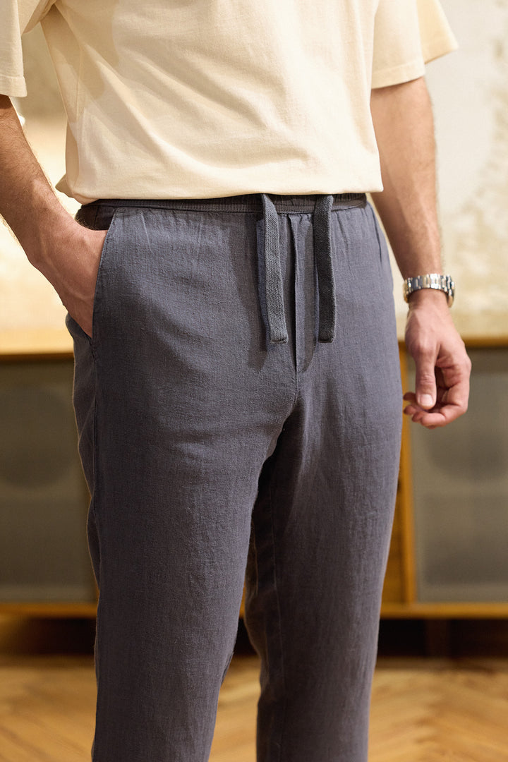 Linen Pants with Drawstring Waist in Navy Blue 