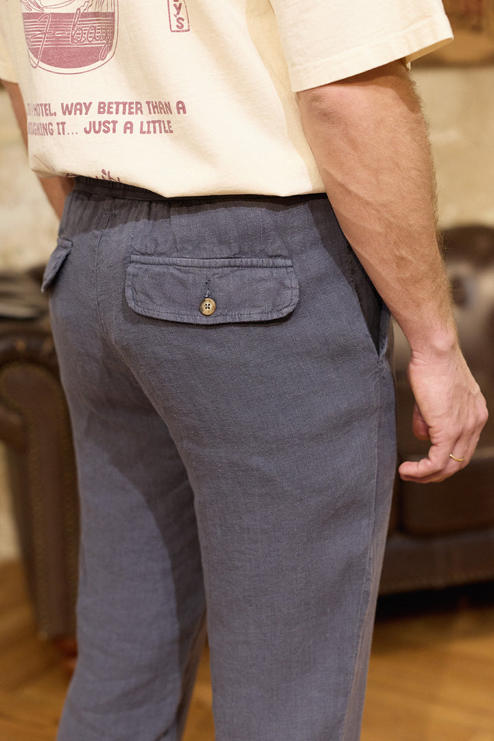 Linen Pants with Drawstring Waist in Navy Blue 