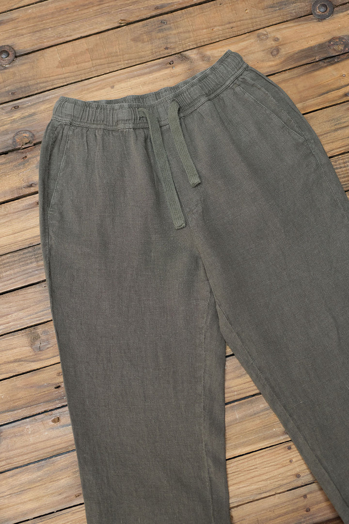 Calça de linho verde cáqui com cordão na cintura