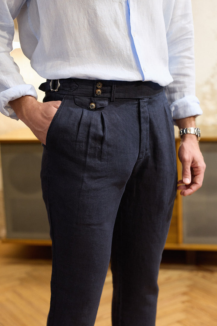 Navy Linen Tailored Trousers