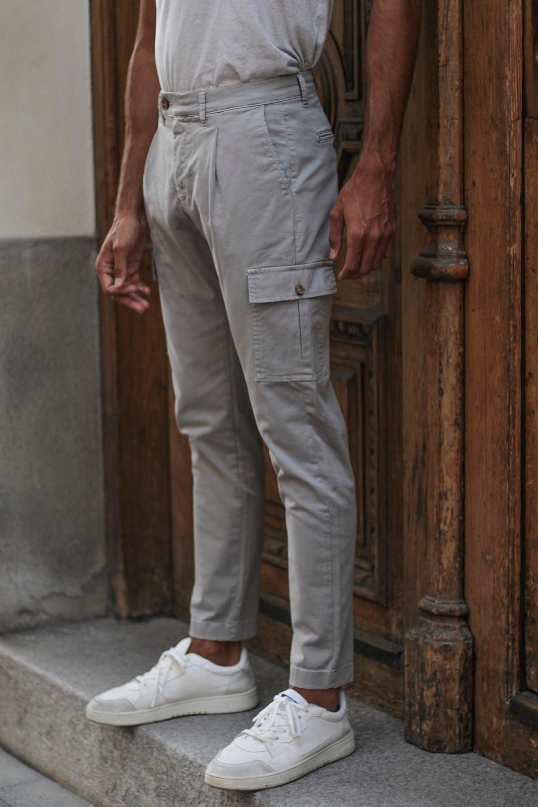 Ash Gray Front Pleated Cargo Pants